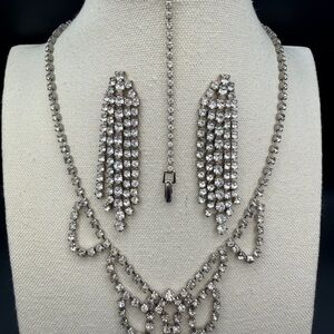 Vintage 1950s Rhinestone Fringe Necklace Earrings Bracelet Set Silver Bridal